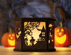 Spooky Scene Halloween Lantern Tealight Holder Haunted House Ghosts Bats Lamp Digital Download |#243| VectorPort