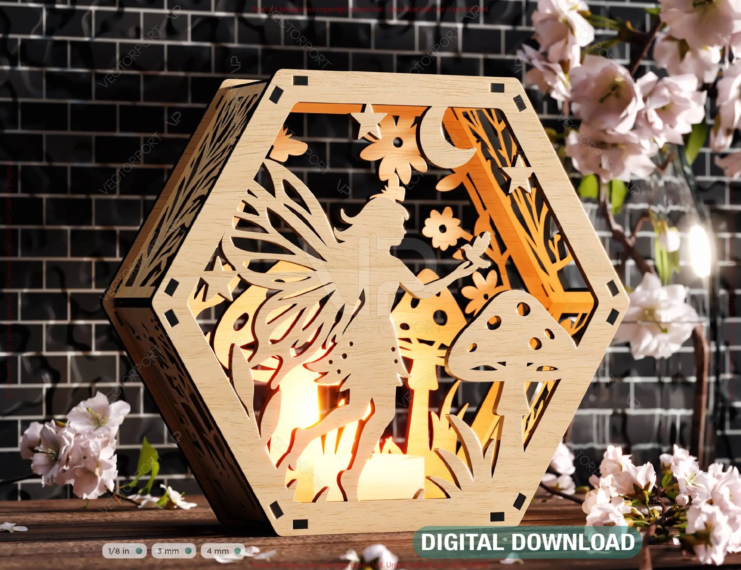 Fairy & Mushrooms Silhouette Hexagon Candle Holder – Laser Cut Digital File for Glow Light Decor Digital Download |#249| VectorPort