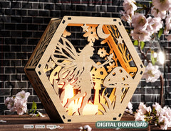 Fairy & Mushrooms Silhouette Hexagon Candle Holder – Laser Cut Digital File for Glow Light Decor Digital Download |#249|