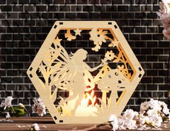Fairy & Mushrooms Silhouette Hexagon Candle Holder – Laser Cut Digital File for Glow Light Decor Digital Download |#249|