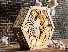 Fairy & Mushrooms Silhouette Hexagon Candle Holder – Laser Cut Digital File for Glow Light Decor Digital Download |#249|