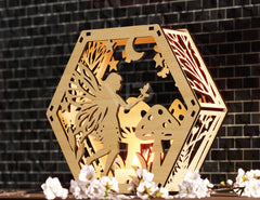Fairy & Mushrooms Silhouette Hexagon Candle Holder – Laser Cut Digital File for Glow Light Decor Digital Download |#249|