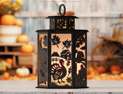 Thanksgiving Lantern Tealight Holder SVG – Autumn Leaves, Pumpkins & Turkey Candle Box Digital Download |#253|