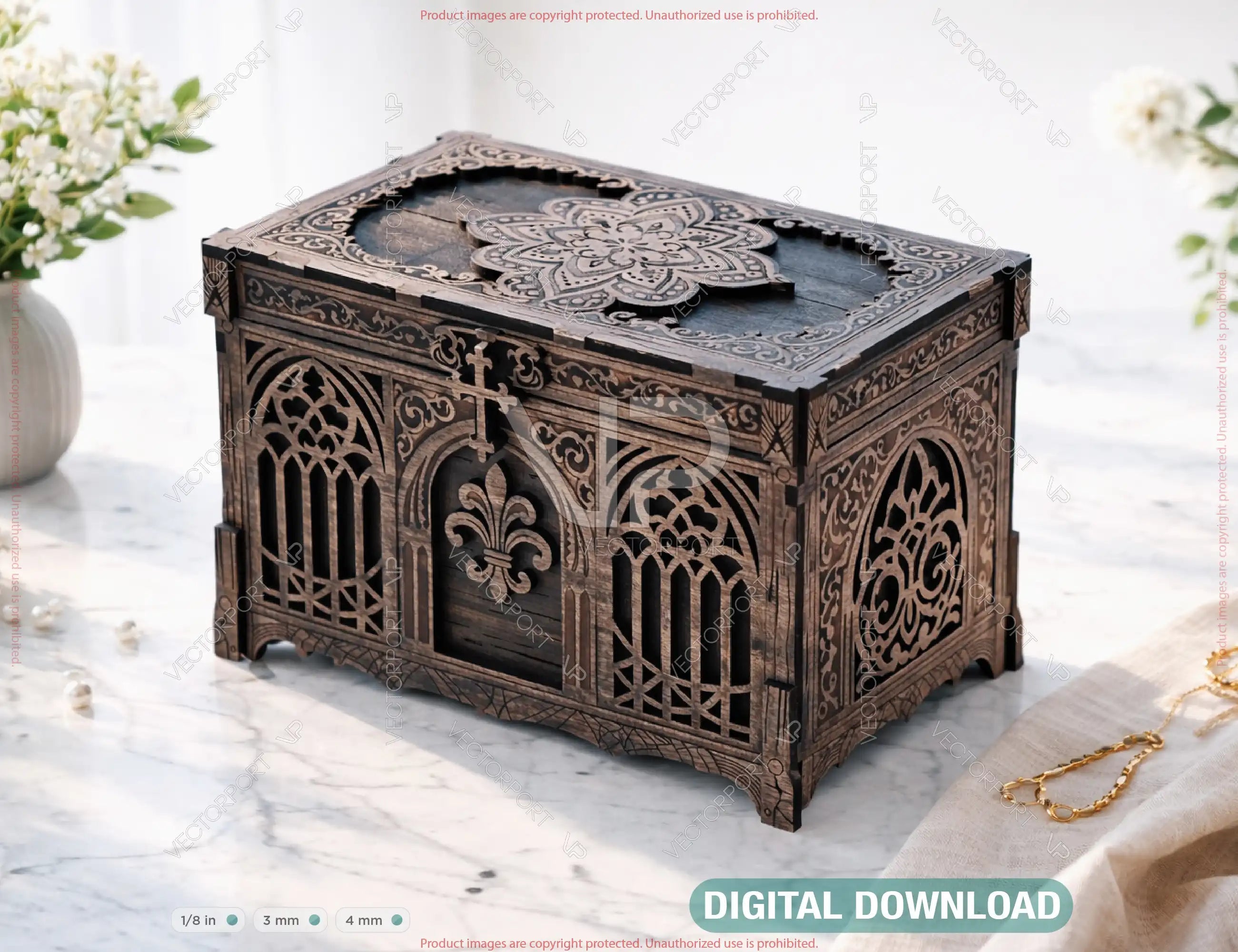 Gothic Wooden Keepsake Box | Laser Cut Storage Chest SVG | Ornate Decorative Gift Box Digital Download |#260| VectorPort