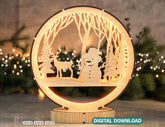Christmas Snowy Scene Snowman and Deer 3D Led Light Laser Cut Night Lamp Round Modern Bedside Table Lamp Digital Download |#U262| VectorPort