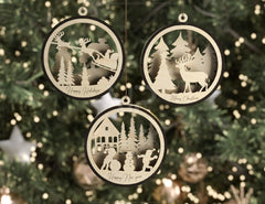 Christmas Balls Tree Decorations Craft Hanging Bauble Snowy Scene Deer carving stencil laser cut Digital Download |#U269|
