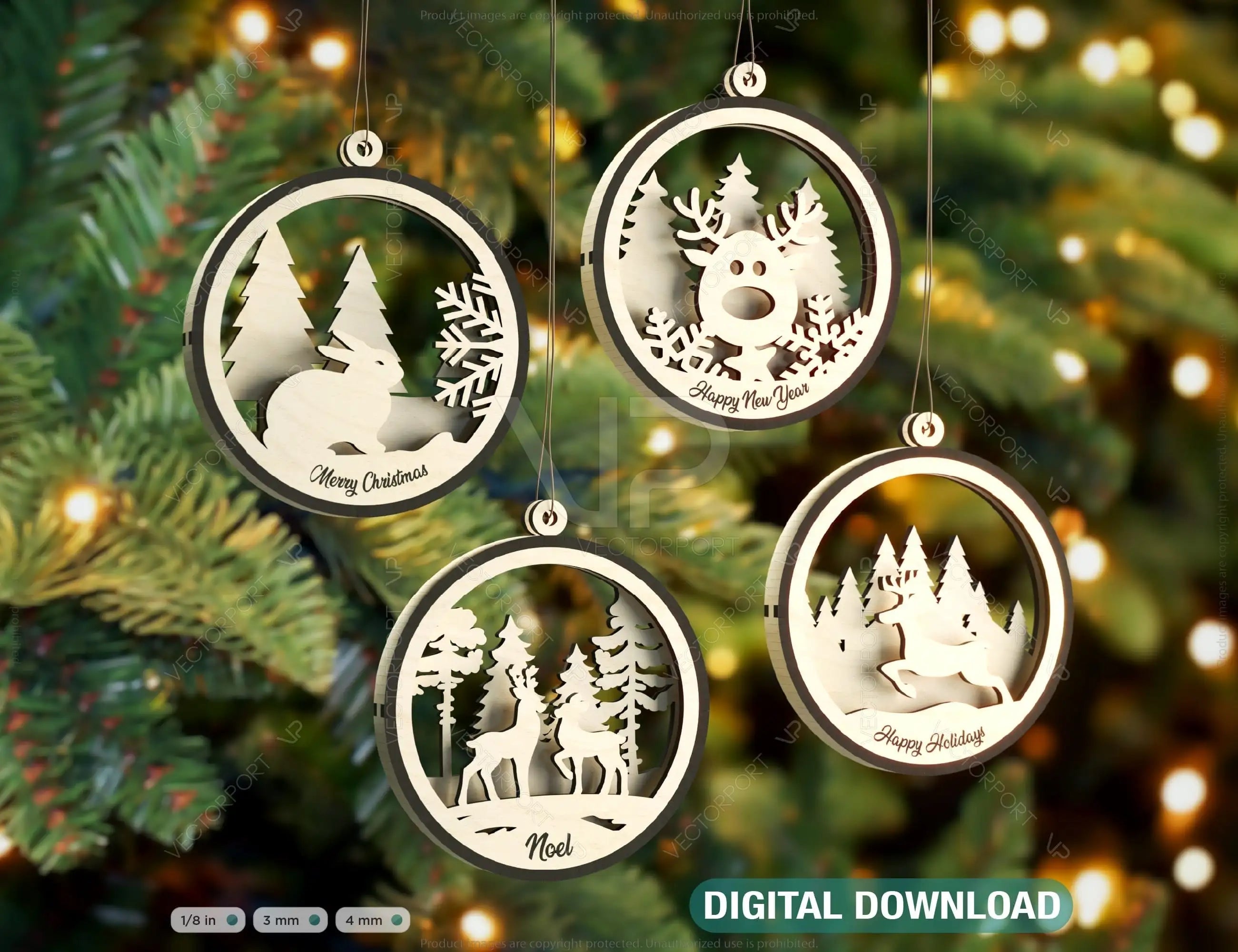 Christmas Balls Deer Rabbit Tree Decorations Craft Hanging Bauble Snowy Scene Carving stencil laser cut Digital Download |#U275| VectorPort