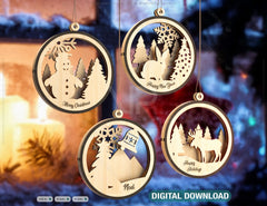 Snowman Christmas Balls Tree Decorations Craft Hanging Bauble Snowy Scene Deer carving stencil laser cut Digital Download |#U276|