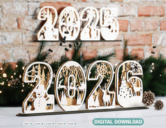 2026 Standing Number Christmas Decoration with Snowy New Year Scene Multilayer Laser cut Digital Download |#U295|