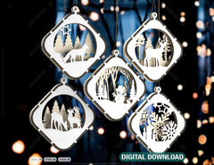 Christmas Balls Tree Decorations Craft Hanging Bauble Snowy Scene Deer New Year Décor Laser cut Digital Download |#U299|