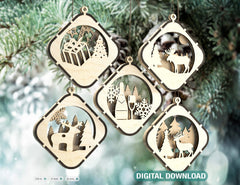 Christmas Balls Tree Decorations Craft Hanging Bauble Snowy Scene Deer New Year Décor Laser cut Digital Download |#U301|