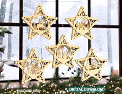 Star shape Christmas Tree Decorations Craft Hanging Bauble Snowy Scene Deer New Year Décor Laser cut Digital Download |#U311| VectorPort