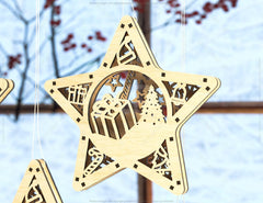 Star shape Christmas Tree Decorations Craft Hanging Bauble Snowy Scene Deer New Year Décor Laser cut Digital Download |#U313|