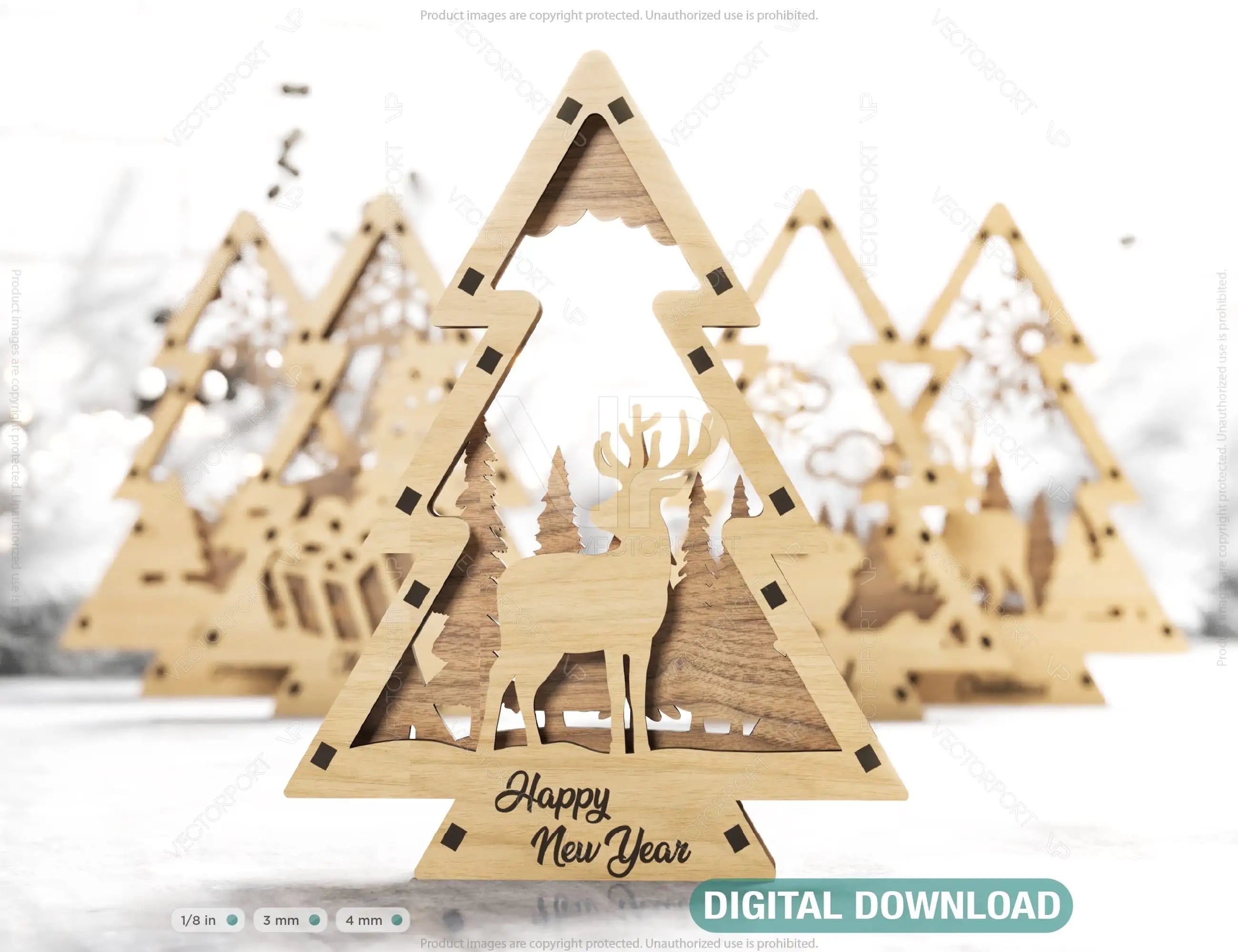 Christmas Tree Shaped Ornaments Tree Decorations Craft Standing New Year tree Snowy Scene Deer New Year Laser cut Digital Download |#U328| VectorPort