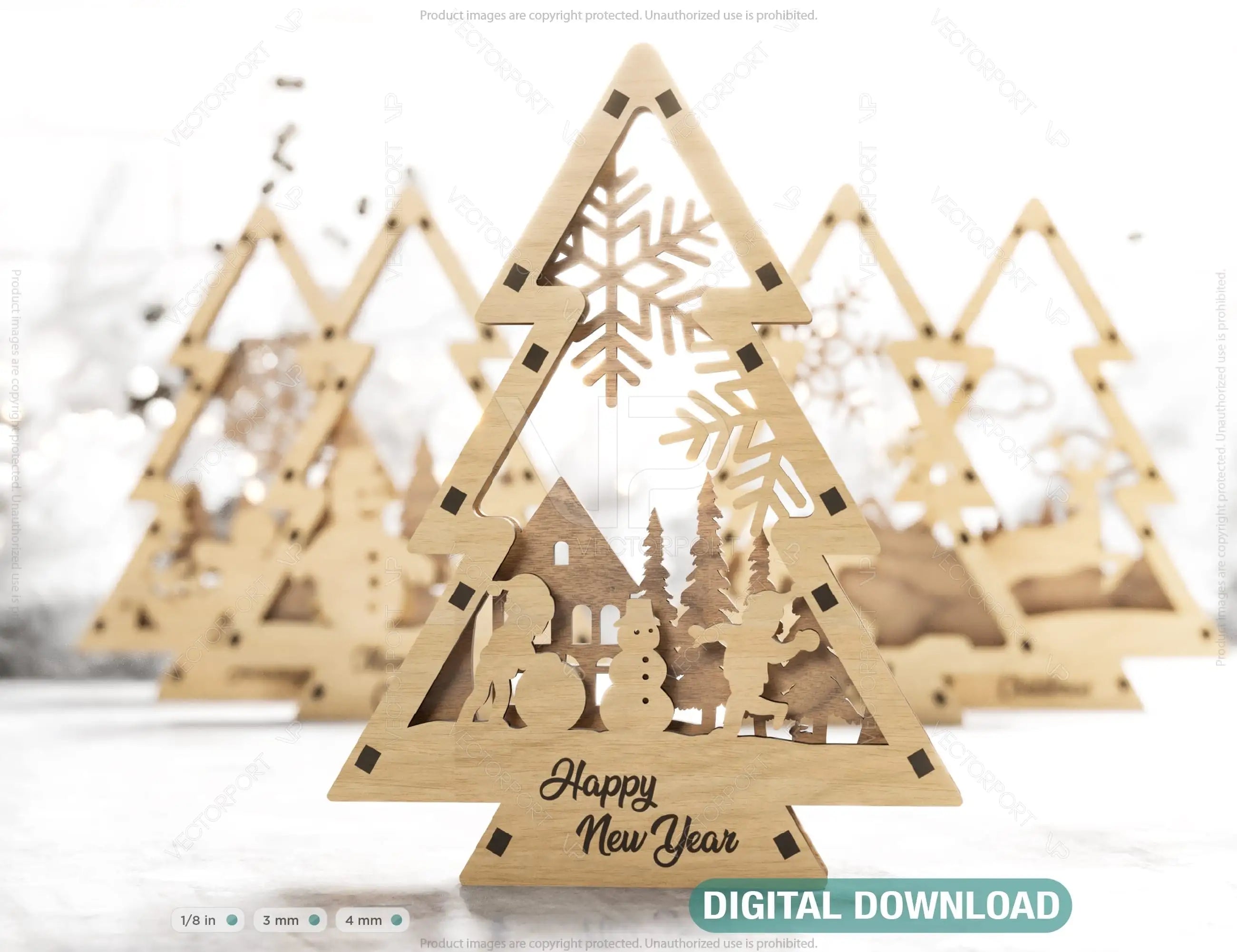 Christmas Tree Shaped Ornaments Tree Decorations Craft Standing New Year tree Snowy Scene Deer New Year Laser cut Digital Download |#U329| VectorPort