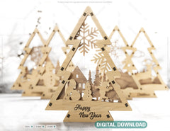 Christmas Tree Shaped Ornaments Tree Decorations Craft Standing New Year tree Snowy Scene Deer New Year Laser cut Digital Download |#U329| VectorPort