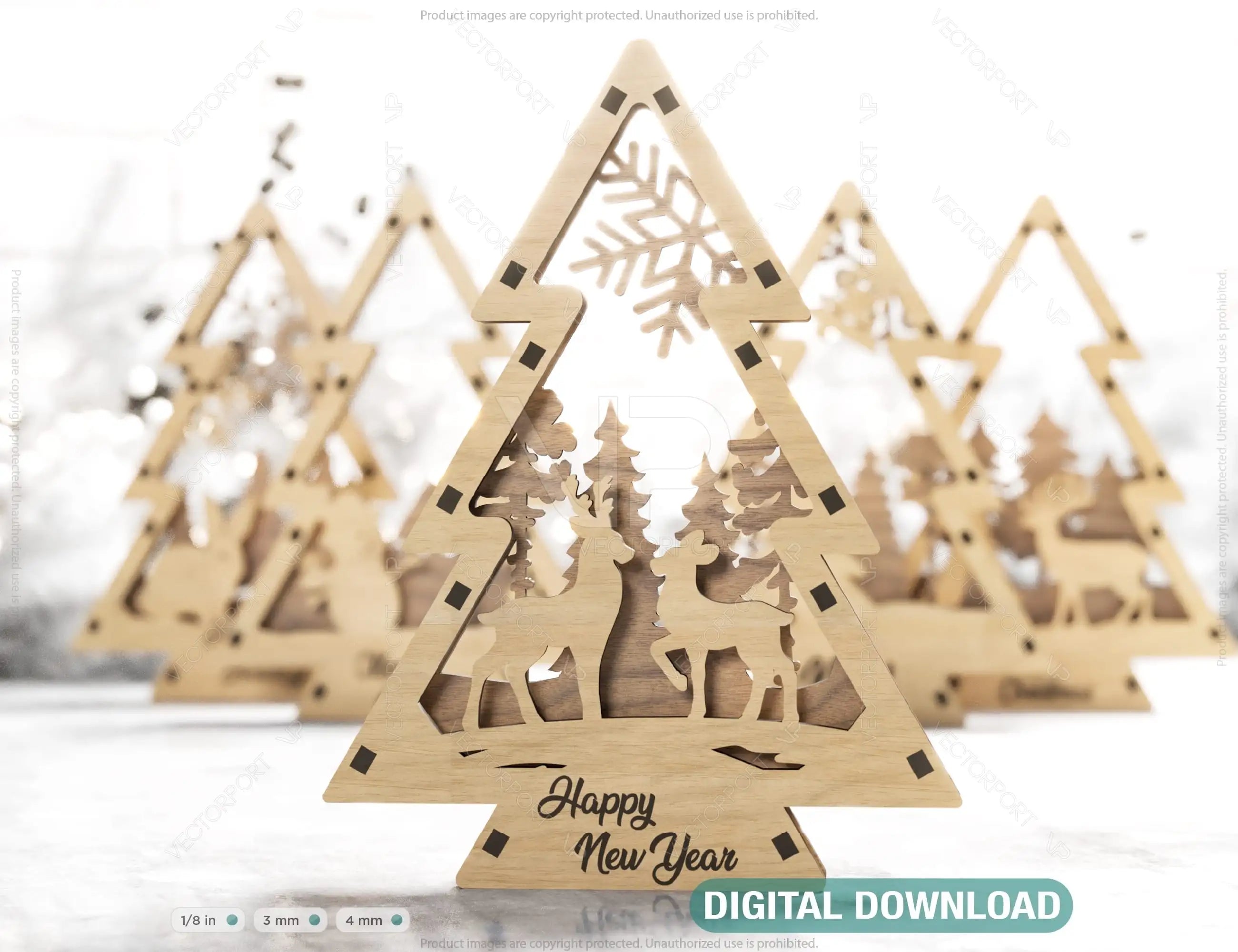 Christmas Tree Shaped Ornaments Tree Decorations Craft Standing New Year tree Snowy Scene Deer New Year Laser cut Digital Download |#U330| VectorPort