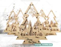 Christmas Tree Shaped Ornaments Tree Decorations Craft Standing New Year tree Snowy Scene Deer New Year Laser cut Digital Download |#U330| VectorPort