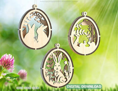3D Easter Laser Cut Hanging Ornaments Egg Rabbits SVG layered Decor, Floral Bunny multilayer Digital Download |#U355| VectorPort