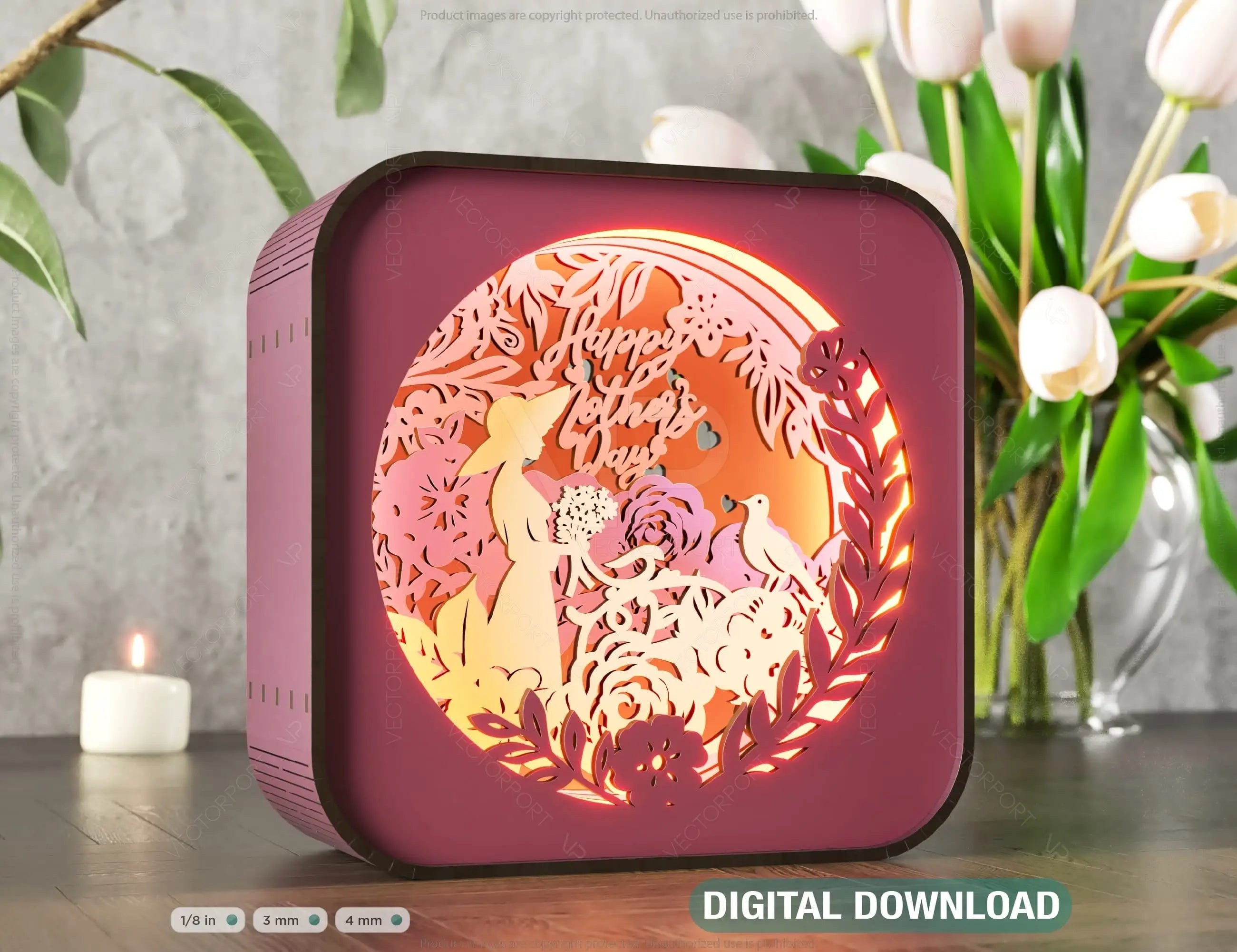 Mother's Day Special: Wooden LED Night Lamp with Heartwarming Mom Scene, Multilayer Shadowbox, Laser Cut Digital Download |#U376| VectorPort