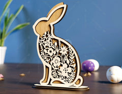 Adorable Standing Easter Bunny Spring Blooms & Bunnies SVG Laser Cut Files, Bunny Floral Ornaments, Rabbit Silhouette Digital Download |#U395|