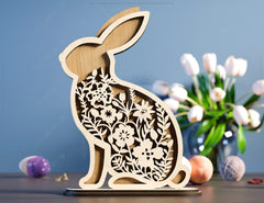Adorable Standing Easter Bunny Spring Blooms & Bunnies SVG Laser Cut Files, Bunny Floral Ornaments, Rabbit Silhouette Digital Download |#U395|