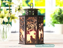 Cat Silhouette Lantern: Laser Cut Tealight Candle Holder Night Light Forest Scene Lantern Digital Download |#U410|