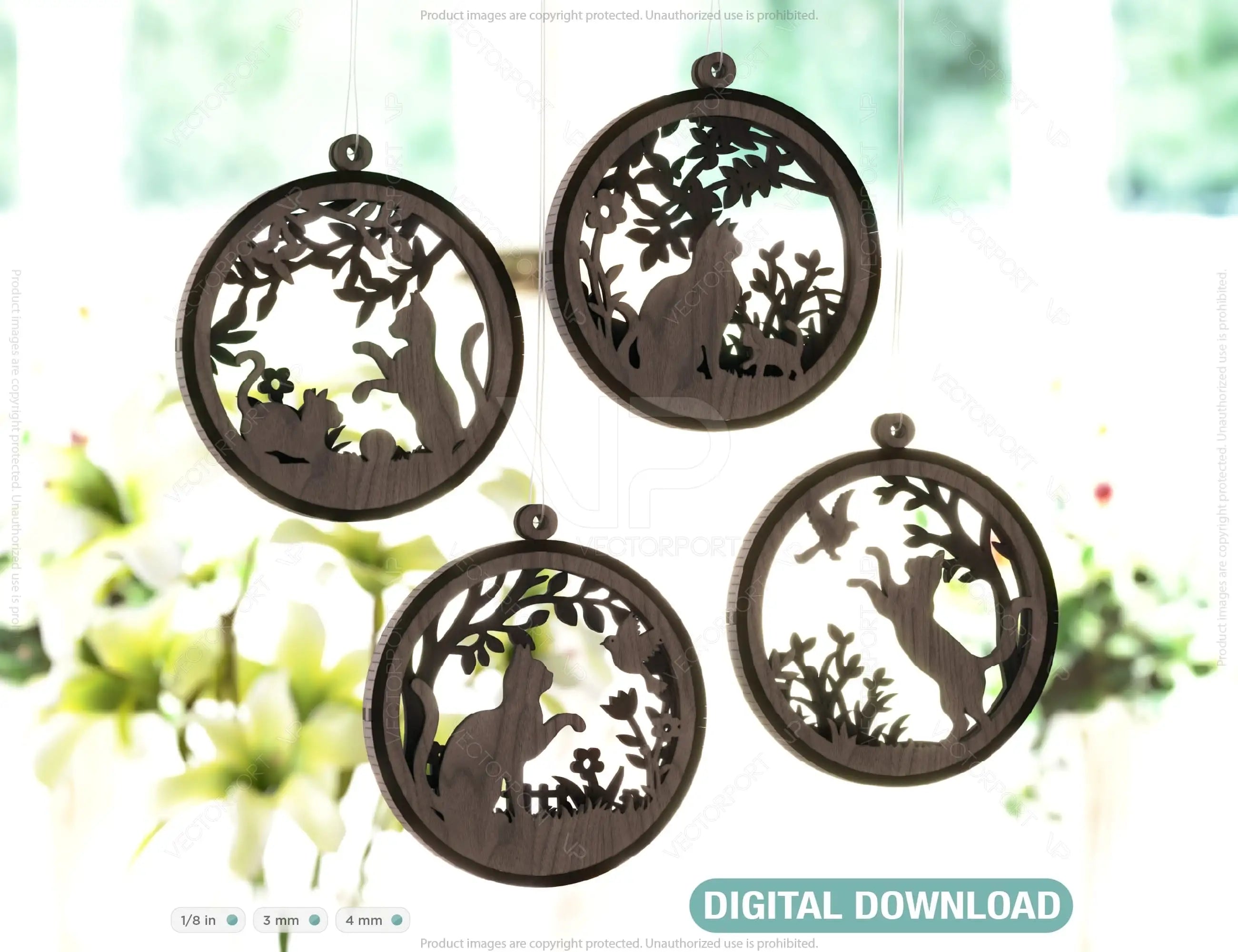 Cat Scene Bauble Ornaments Balls Tree Decorations Craft Hanging Cat Silhouette Forest Scene laser cut Digital Download |#U415| VectorPort