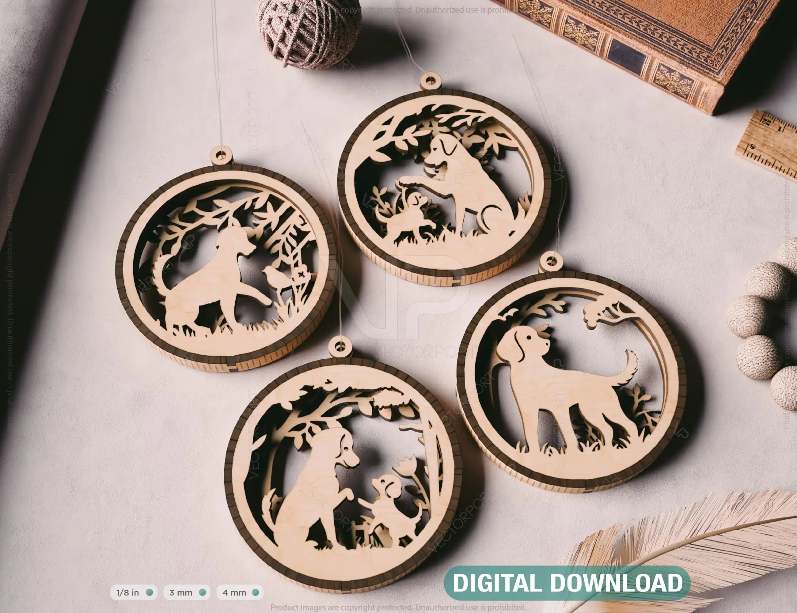 Dog Scene Bauble Ornaments Balls Tree Decorations Craft Hanging Dog Silhouette Forest Scene laser cut Digital Download |#U418| VectorPort