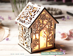 Floral Wooden 3D Home Shape Lantern: Tealight Candle Holder Night Light Digital Download |#U427| VectorPort