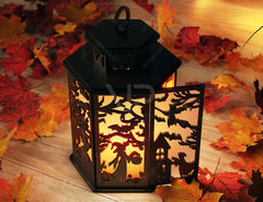 Halloween Lantern Tealight Holder Haunted House Ghosts Bats Spooky Scene Lamp Digital Download |#U443| VectorPort