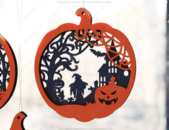 Pumpkin-Shaped Hanging Halloween Décor | Haunted House & Ghosts | Laser Cut Wooden Decoration | Spooky Scene Party Ornaments Digital Download |#U452| VectorPort
