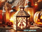 Halloween Lantern Tealight Holder Haunted House Ghosts Bats Spooky Scene Lamp Digital Download |#U455| VectorPort