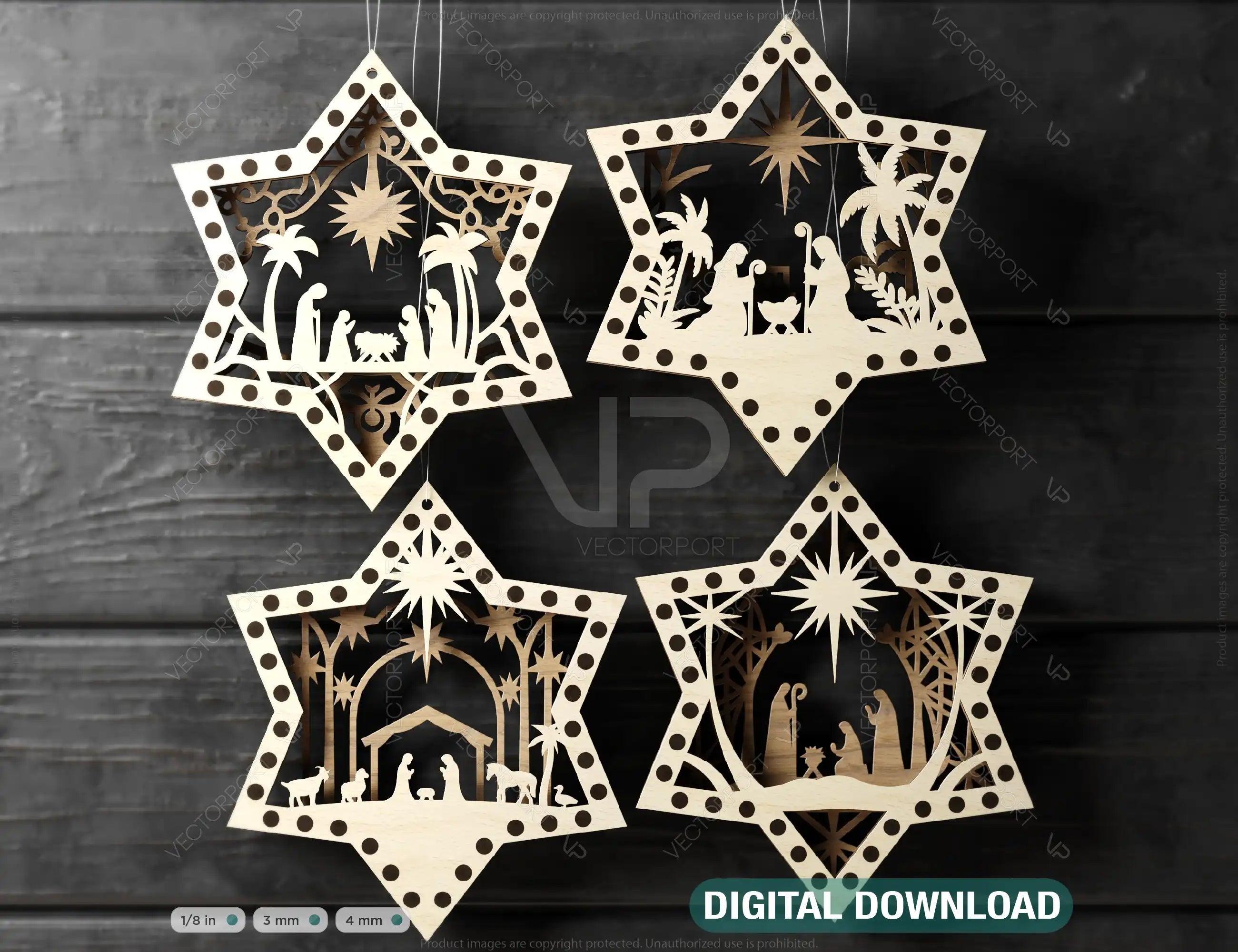Nativity Star Shape Christmas Ornaments | Baby Jesus Round Hanging Baubles | Christmas Eve Tree Digital Download |#U467| VectorPort