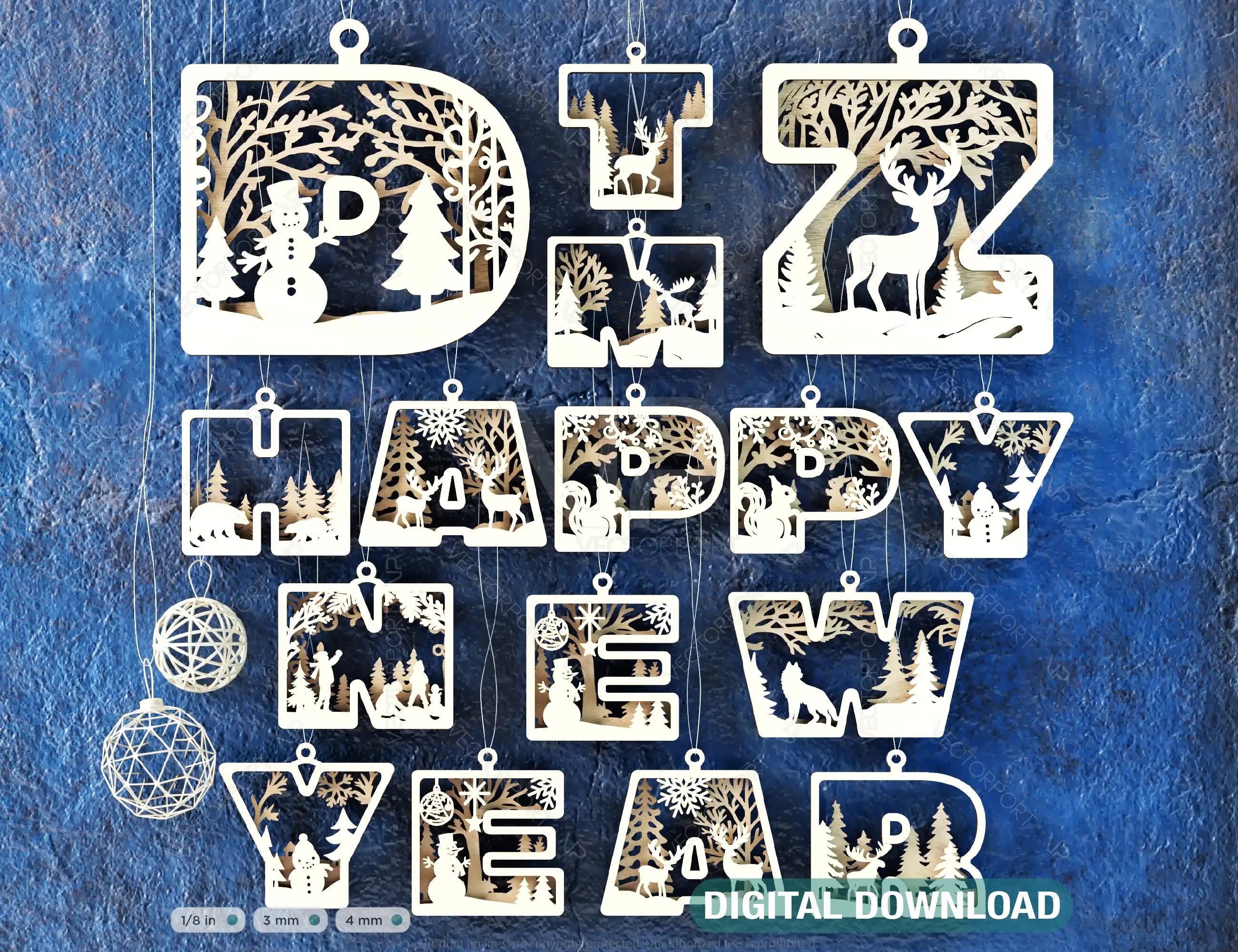 Festive Alphabet Decorations for New Year – Hanging & Standing Winter Themed Ornaments, Letters in Wonderland Style Laser Cut Digital Download |#U477| VectorPort