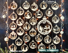 New Year Themed Bundle of 3D Christmas Ornaments, Tree Decorations Craft Set, Hanging Bauble with Snowy Scene Holiday Laser Cut Digital Download |#U481| VectorPort