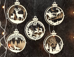 New Year Themed Bundle of 3D Christmas Ornaments, Tree Decorations Craft Set, Hanging Bauble with Snowy Scene Holiday Laser Cut Digital Download |#U481| VectorPort