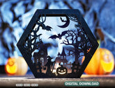 Hexagon Halloween Lantern Tealight Holder Haunted House Ghosts Bats Spooky Scene Lamp Night Light, Digital Download |#U484| VectorPort