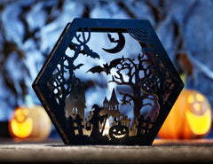 Hexagon Halloween Lantern Tealight Holder Haunted House Ghosts Bats Spooky Scene Lamp Night Light, Digital Download |#U484| VectorPort