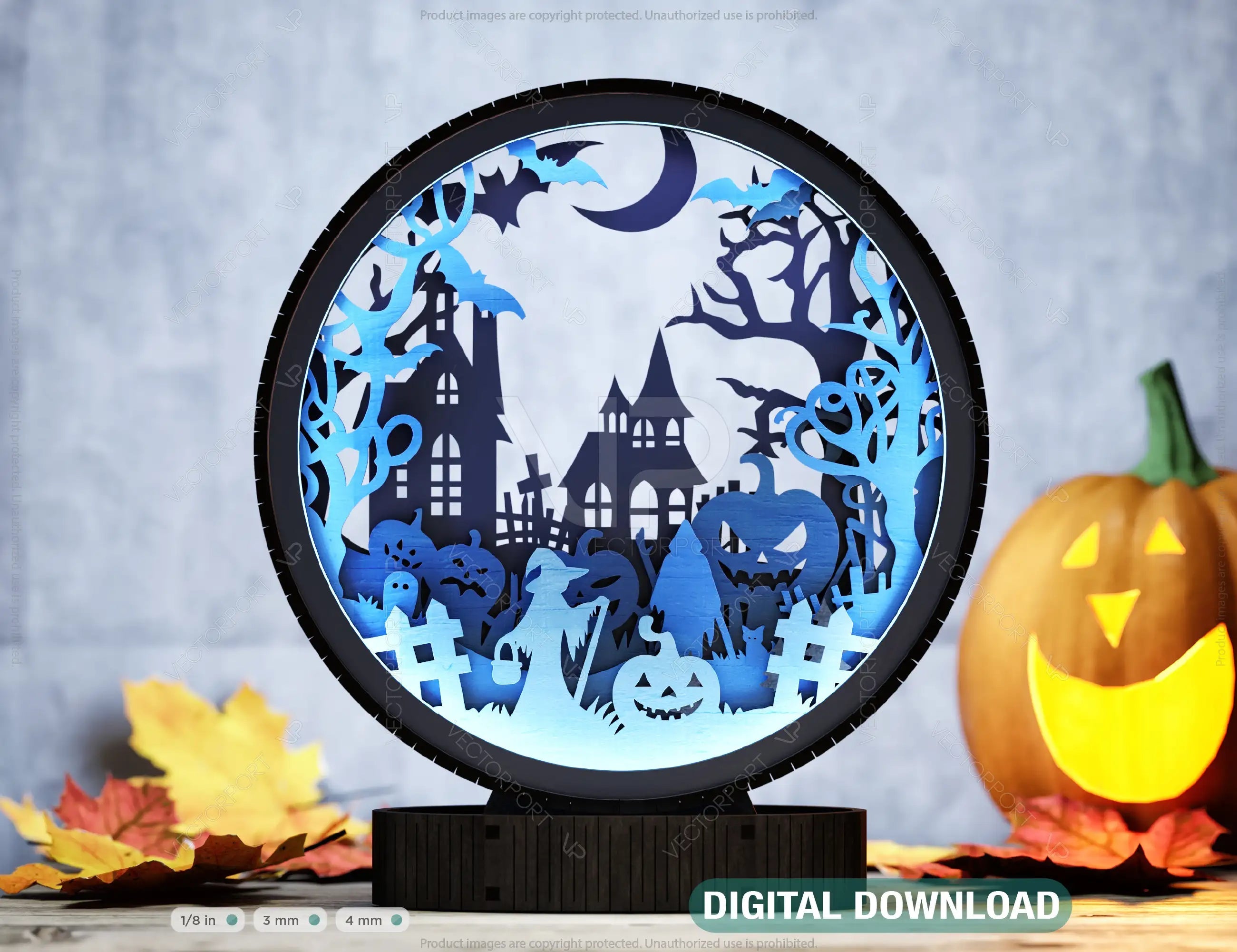 Halloween Lantern Tealight Holder Haunted House Ghosts Bats Spooky Scene Night Light | 3D Layered Holiday Table Lamp Digital Download |#U489| VectorPort