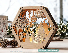 Hexagon Laser Cut Lamp Snowy Scene Christmas Lantern Candle Holder, Winter Wonderland Decoration Night Light, Digital Download |#U494| VectorPort