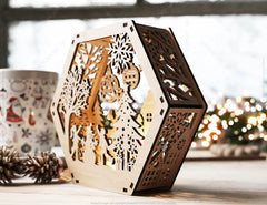 Hexagon Laser Cut Lamp Snowy Scene Christmas Lantern Candle Holder, Winter Wonderland Decoration Night Light, Digital Download |#U494| VectorPort