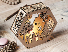 Hexagon Laser Cut Lamp Snowy Scene Christmas Lantern Candle Holder, Winter Wonderland Decoration Night Light, Digital Download |#U494| VectorPort