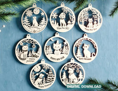 Pet Lovers New Year 3D Ornament Set - Christmas Tree Decorations with Snowy Scene - Kitty & Pup Theme – Cat, Dog Laser Cut Digital Download |#U509| VectorPort