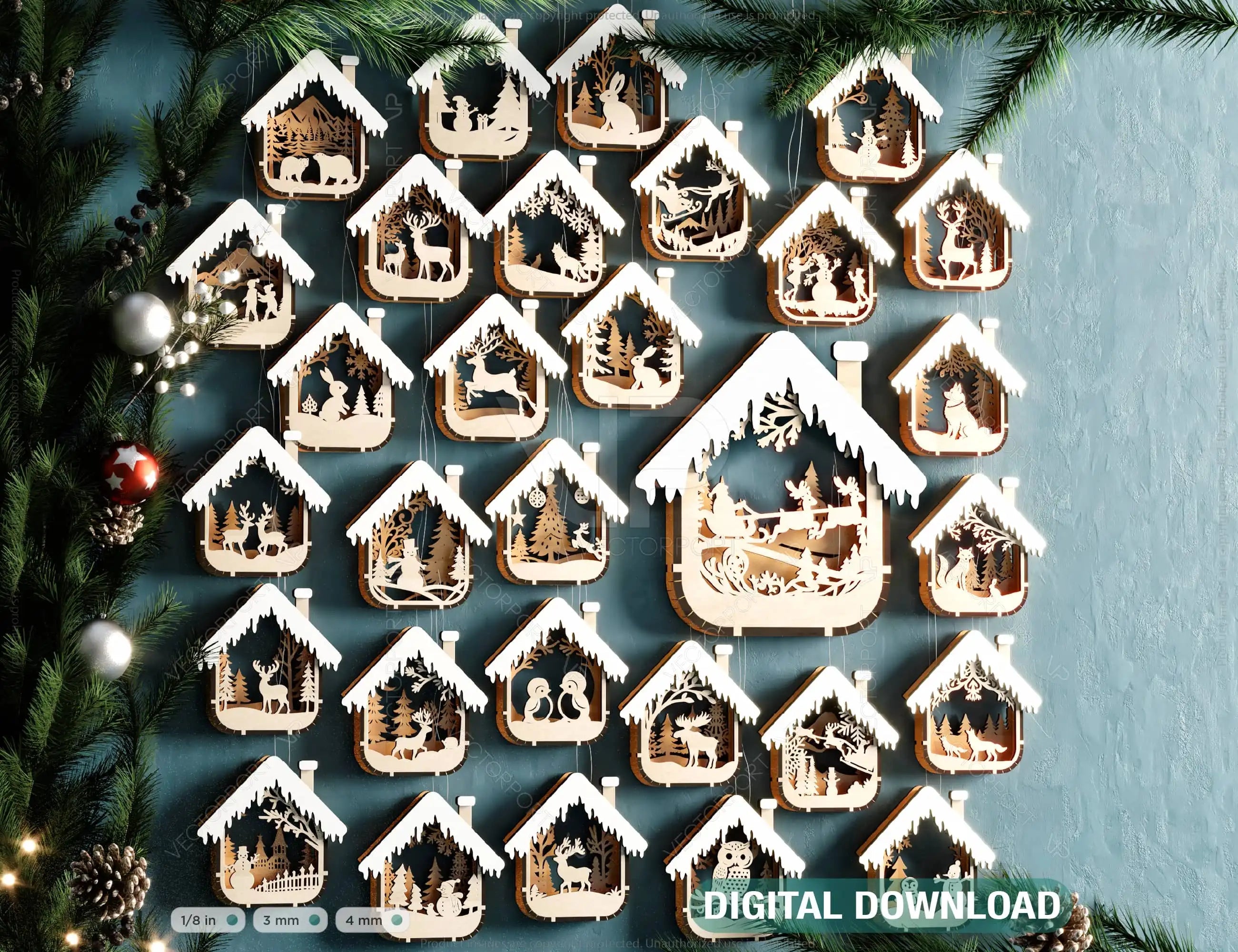 Bundle of House Shape New Year Theme 3D Christmas Ornament Set Tree Decorations Craft Hanging Bauble Snowy Scene Laser Cut Digital Download |#U512| VectorPort