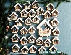 Bundle of House Shape New Year Theme 3D Christmas Ornament Set Tree Decorations Craft Hanging Bauble Snowy Scene Laser Cut Digital Download |#U512| VectorPort