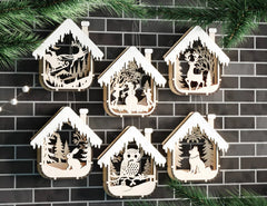 Bundle of House Shape New Year Theme 3D Christmas Ornament Set Tree Decorations Craft Hanging Bauble Snowy Scene Laser Cut Digital Download |#U512|