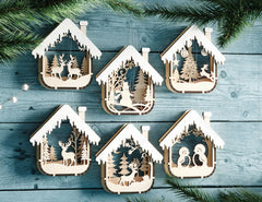 Bundle of House Shape New Year Theme 3D Christmas Ornament Set Tree Decorations Craft Hanging Bauble Snowy Scene Laser Cut Digital Download |#U512| VectorPort