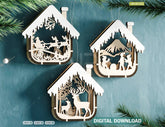 House Shape New Year Theme 3D Christmas Ornament Set Tree Decorations Craft Hanging Bauble Snowy Scene Laser Cut Digital Download |#U513| VectorPort
