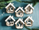 House Shape New Year Theme 3D Christmas Ornament Set Tree Decorations Craft Hanging Bauble Snowy Scene Laser Cut Digital Download |#U513|